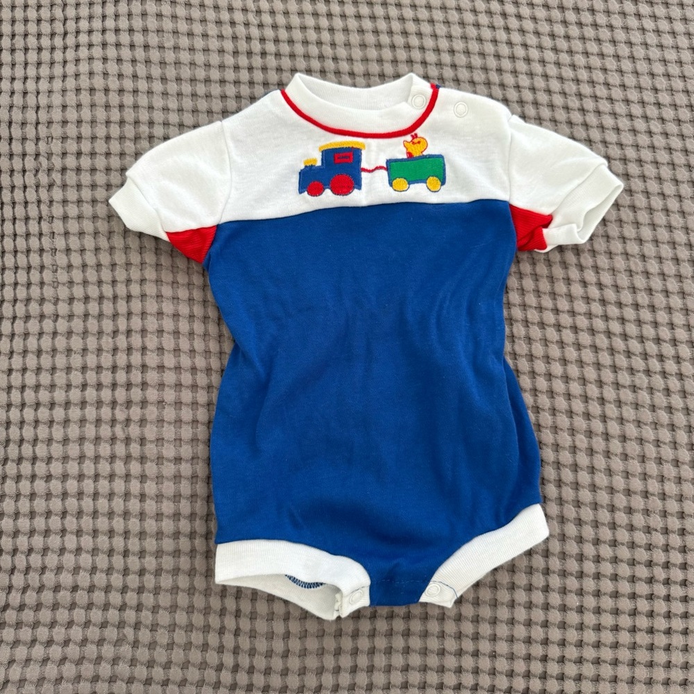 Vintage Toddletime color block train romper 3-6m